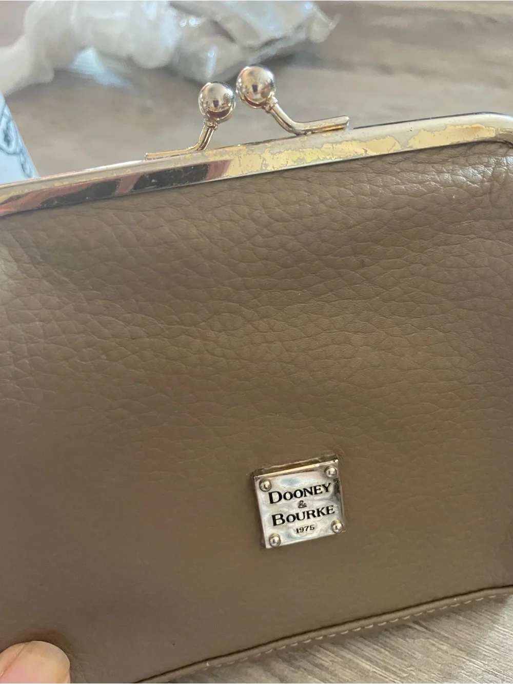Dooney & Bourke Tan Pebbled Leather Kiss lock Clutch/change/Card wallet 6” X 6”